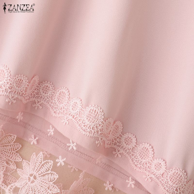 ZANZEA Women Casual Round Neck Loose Lace Splice Summer Short Sleeve T-Shirts