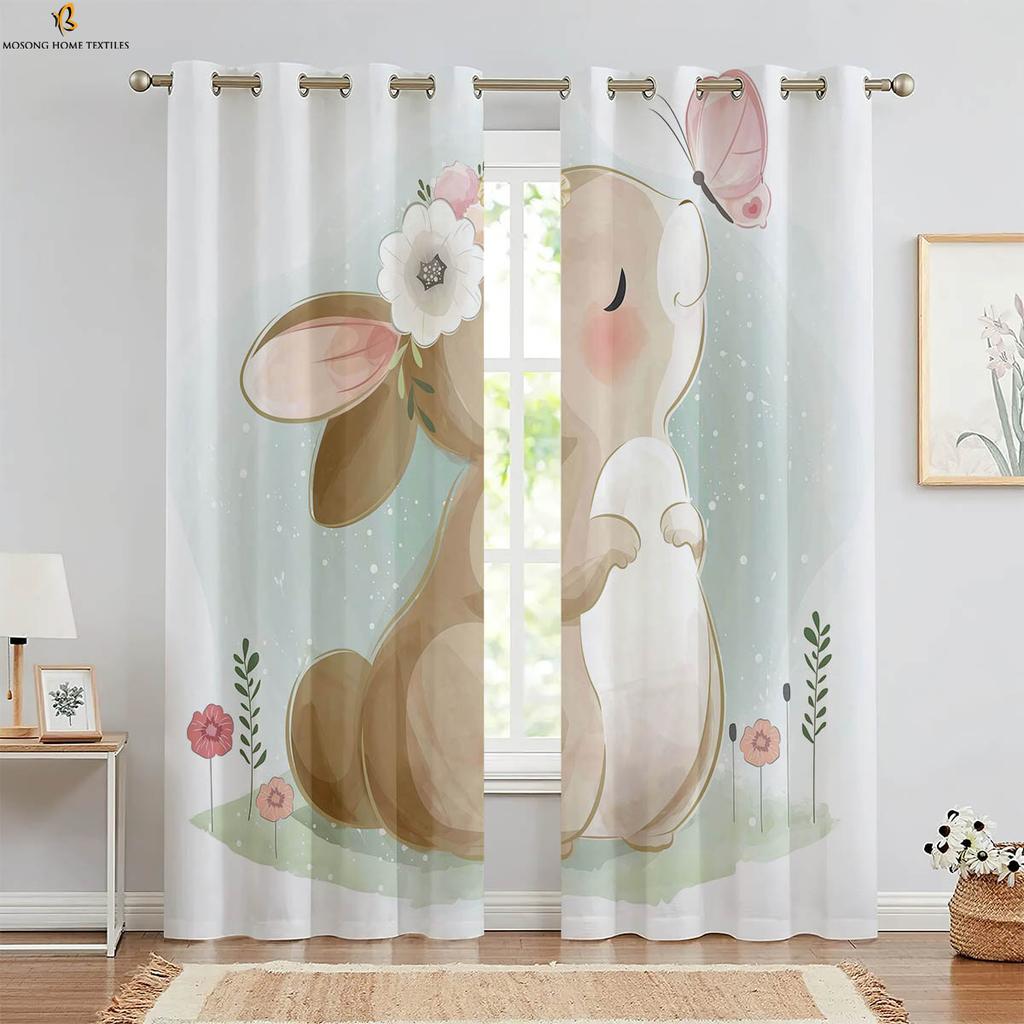 Set Of 2 Easter Decorative Curtains Retro Cartoon Rabbit Print Bedroom Living Room Children Curtain For Sitting Made Polyester