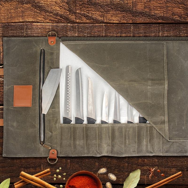 Stylish and Practical Cooking Tool Bag Canvas Chefs Tool Roll Pouches for Pastry Chefs BBQ Lover and Culinary Students