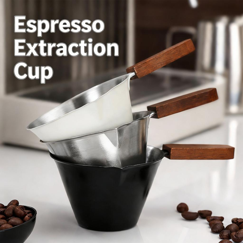 Set of 3 Stainless Steel Coffee Measure Cup with Natural Wood Handle and Accurate Milliliter Marking for Brewing Use