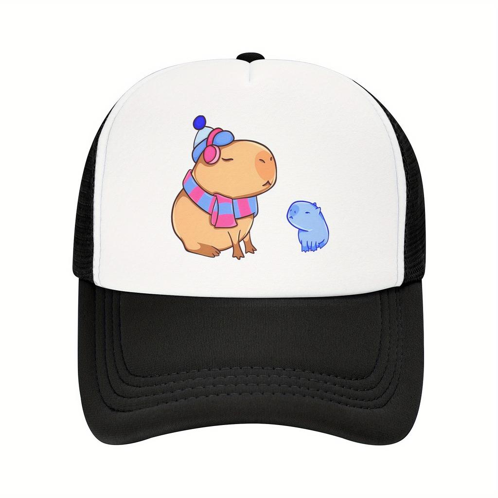 Capybara Family Print Trucker Hat Pink Mesh Breathable Adjustable Baseball Cap for Women Men