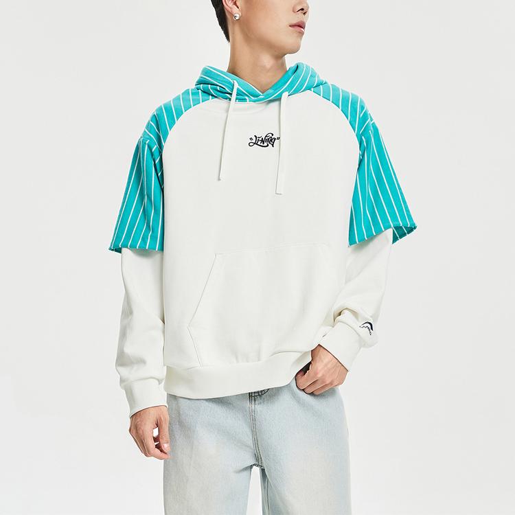 Li Ning Skateboard Series Fake Two-Piece Striped Splicing Pullover Hoodie Men Hoodies Champagne-White Ice-Porcelain-Green AWDR119-3