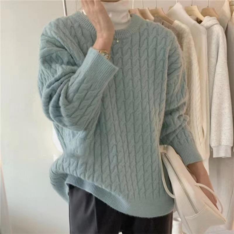 

Вязаная базовая водолазка простого кроя с перекрутом, женская осенне-зимняя новинка, ретро, свободный пуловер, свитер для носки под низ average size светло-синий