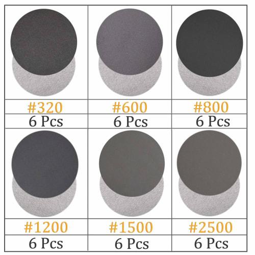 Aewio 125mm Waterproof Sandpaper #320 - #2500 Round Sandpaper for Sanding, 320, 600, 800, 1200, 1500, 2500, 6 Sheets Each (36-Piece Set, 6 Types, 6 Sh