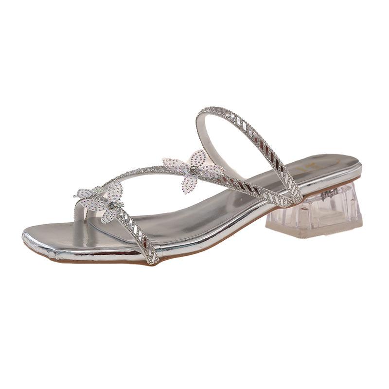 High heels women's summer 2025 new butterfly rhinestone word with crystal heel slippers square head thick heel slippers women