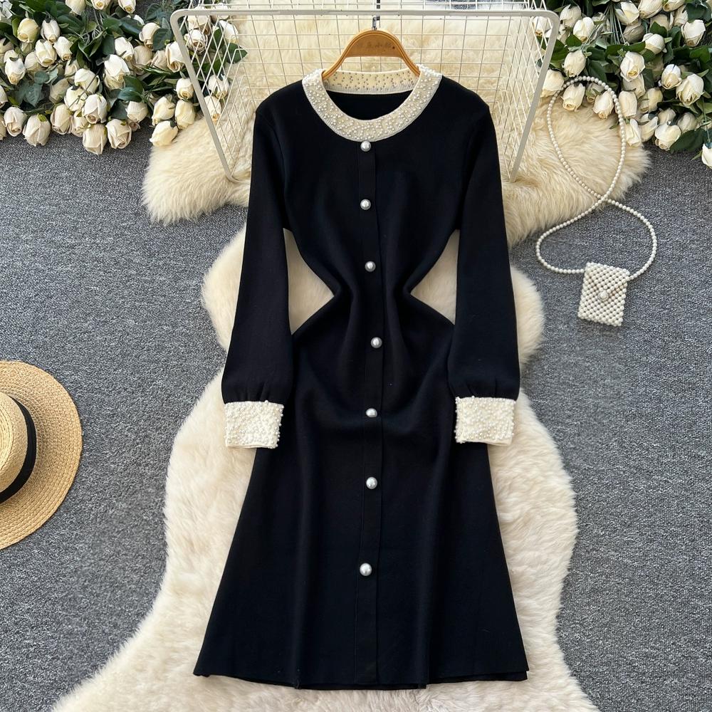 Autumn Winter Women Vintage Black Knitted Sweater Pullover Dresses with Beading