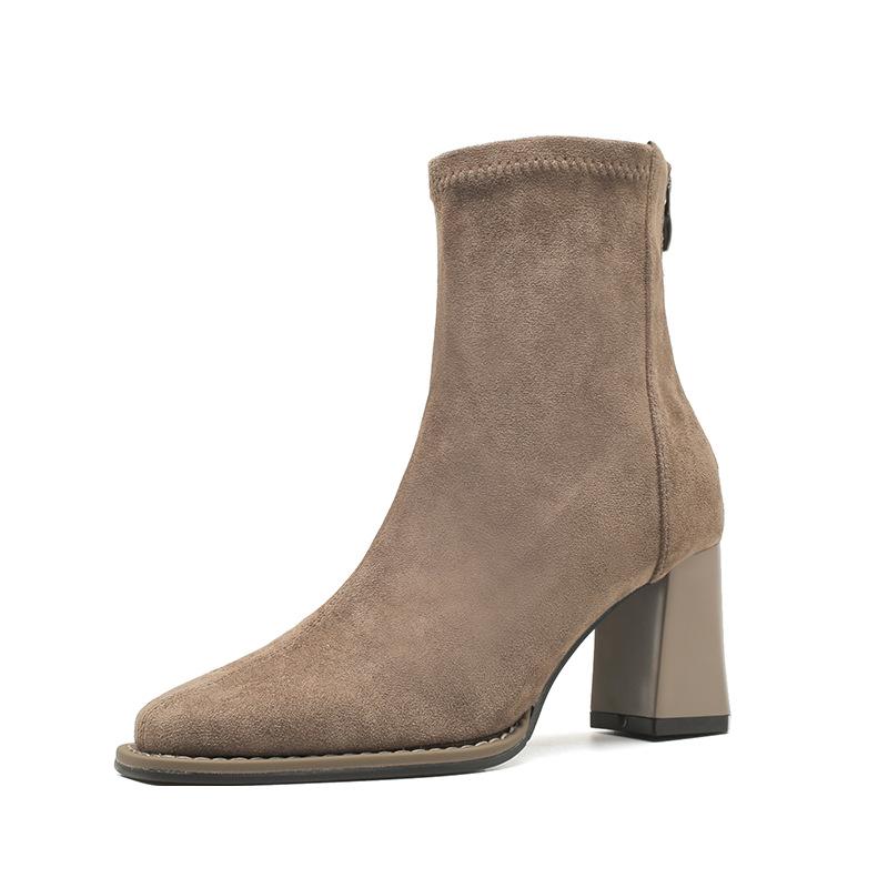French suede thick heel short boots women's 2025 new rear zipper square head thin boots daily wear high heel women's boots