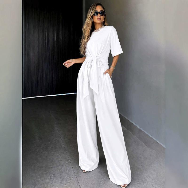 New Summer/Fall Collection Solid-Color Round-Neck Short-Sleeve Loose-Fit Wide-Leg Pants Slimming Tie-Waist Set