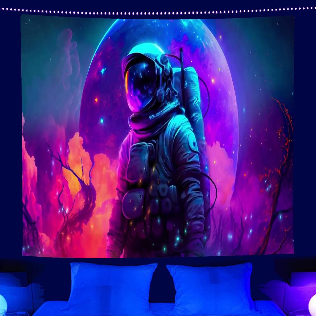 UV Reactive Blacklight Tapestry 2D Flat Printed Fantasy Cosmic Pirate Ship Peach Skin Wall Hanging Fluorescent Bedroom Decor