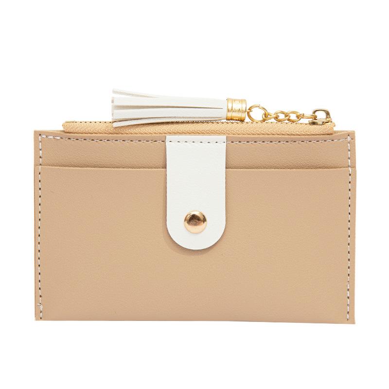 Carteira Mini Feminina Estilo Coreano com Borla, Vários Compartimentos para Cartões e Costura Contrastante.