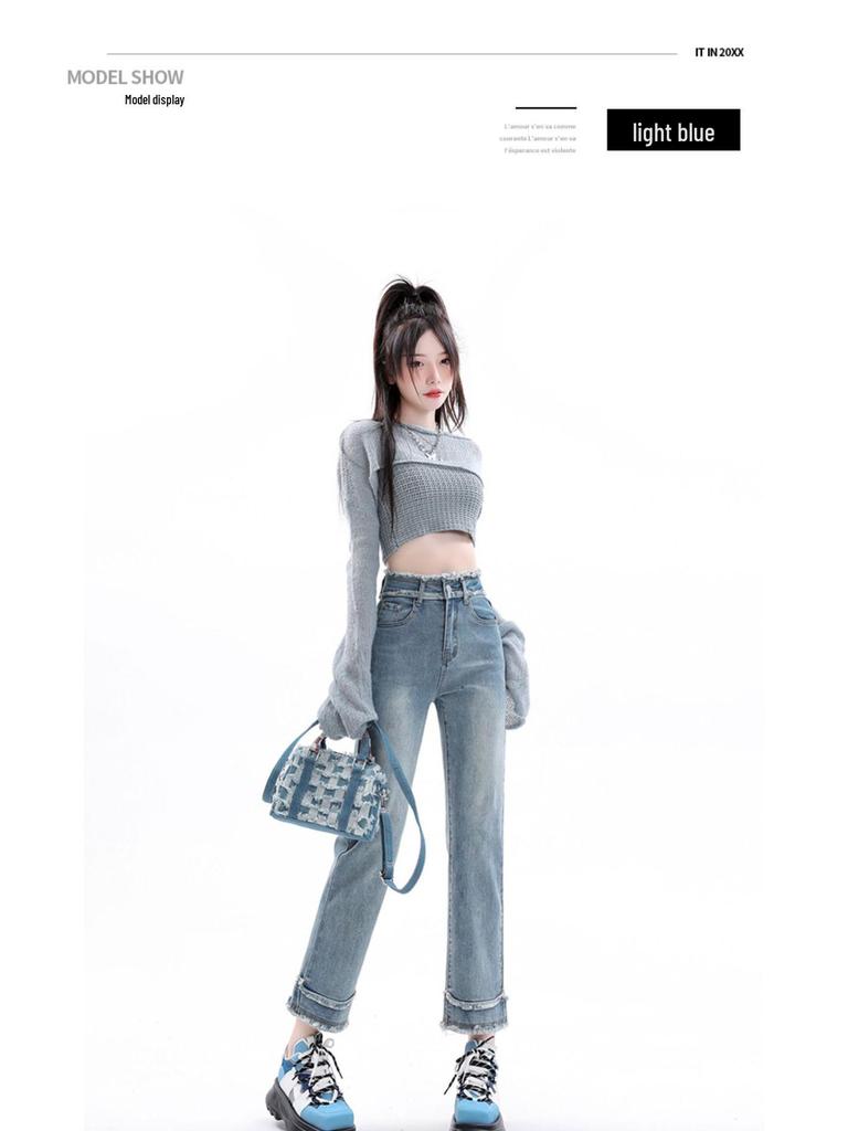 Damskie letnie dżinsy typu cigarette z prostą nogawką i wysokim stanem, w jasnym odcieniu