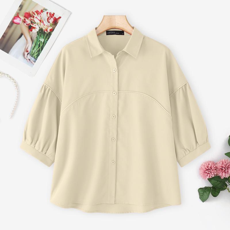 ZANZEA Women Turn Down Collar Casual 3/4 Sleeve Loose Blouse