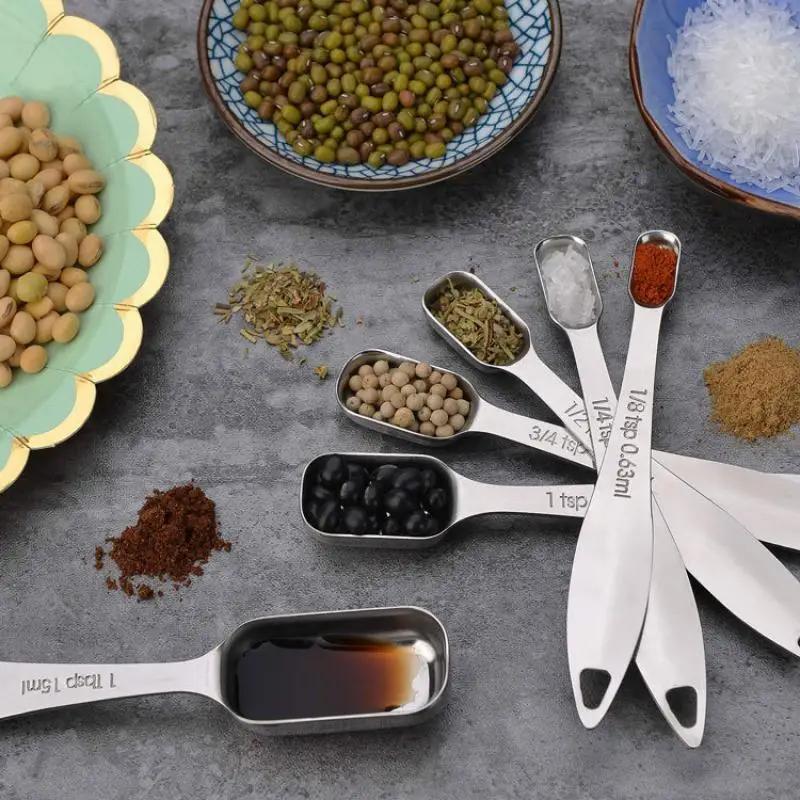 6Pcs Measuring Spoons Set Stainless Steel Teaspoon Coffee Sugar Scoop Powder Spice Seasoning Spoon Kitchen Baking Measuring Tool