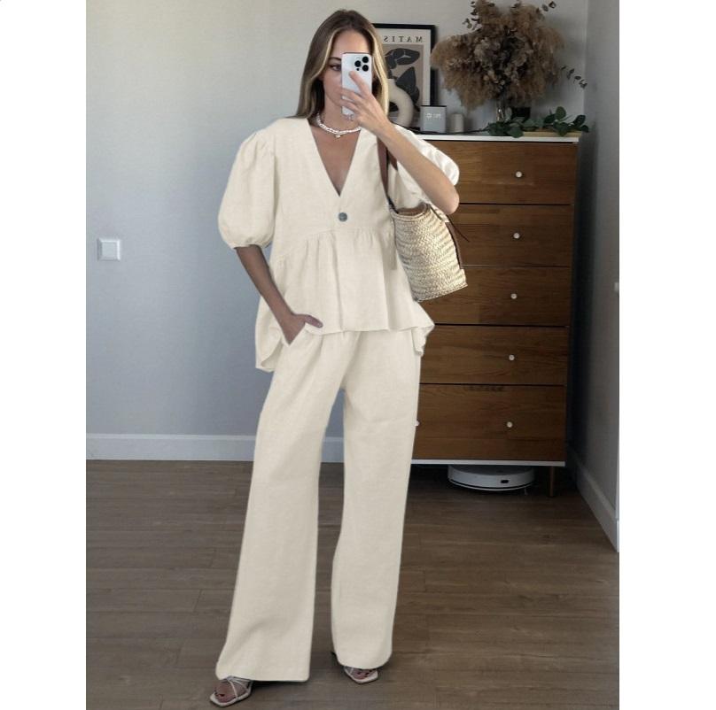 Spring/Summer Sweet Solid Color Set Pure Cotton V-neck Top Bubble Short Sleeve Pants 2-piece Set