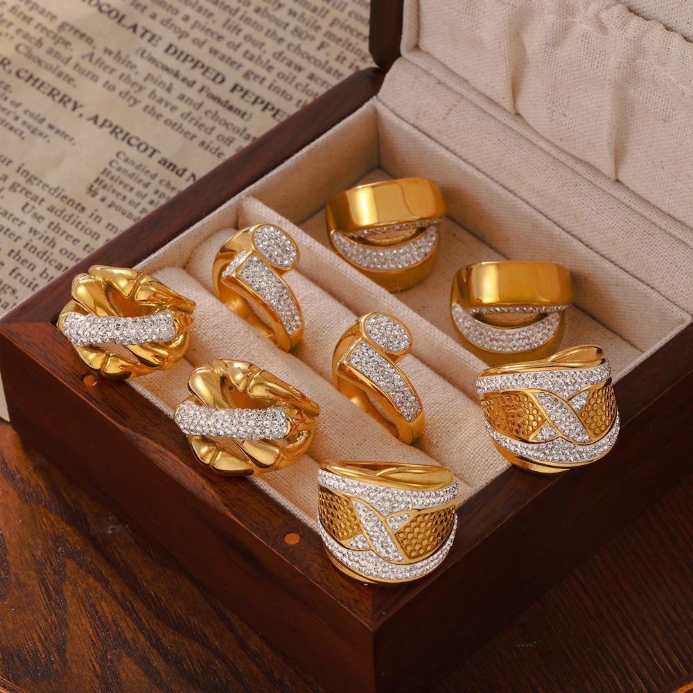 

Stylish Hong Kong-Inspired Double-Layer Gold-Plated Titanium Steel Ring with Diamond Design Size 8