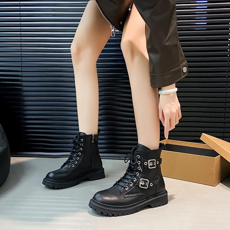 New Round Toe Fashionable Side Zipper Motorcycle Shoes Solid Color Elegant Warm Casual Lace-up Non-slip Women's Boots