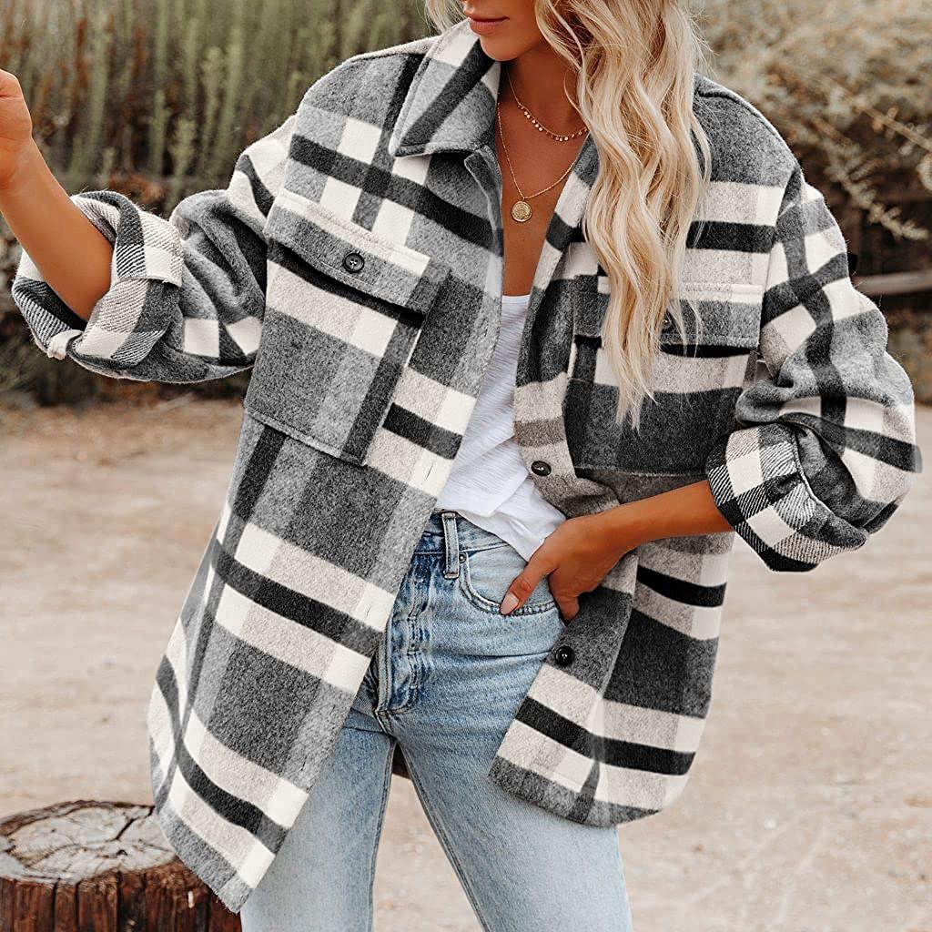 Women's Autumn/Winter Plaid Button Flannel Wool Shirt Jacket