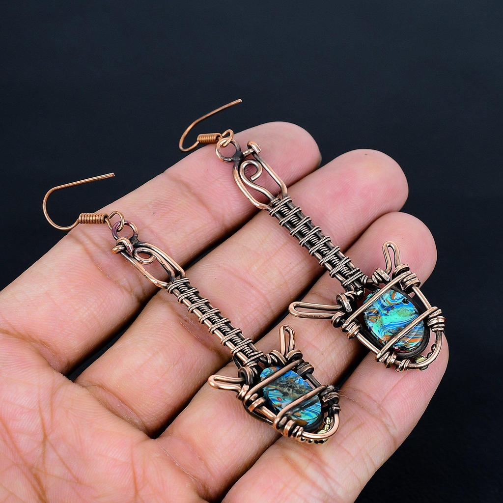 Rainbow Calsilika 999 Copper Wire Wrapped Earrings, Handmade Gemstone Jewelry Earrings For Memorial Day