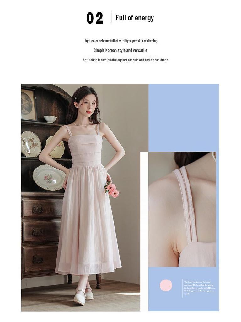Women's Pink Fairy Mori-Style Sleeveless Long Camisole Dress for Summer Beach Vacation