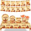 Thanksgiving Turkey Yellow Tableware Set: In-Stock PE Waterproof Tablecloth, Food-Grade Plates, Napkins, and Cups.