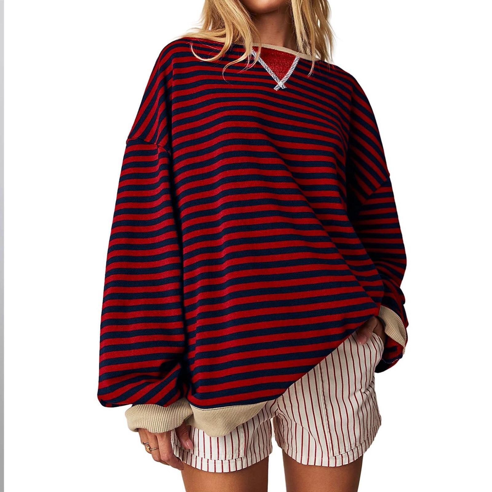 

Женская спортивная рубашка в полоску большого размера с длинными рукавами и круглым вырезом, повседневная свободная рубашка-пуловер, топ XL винный