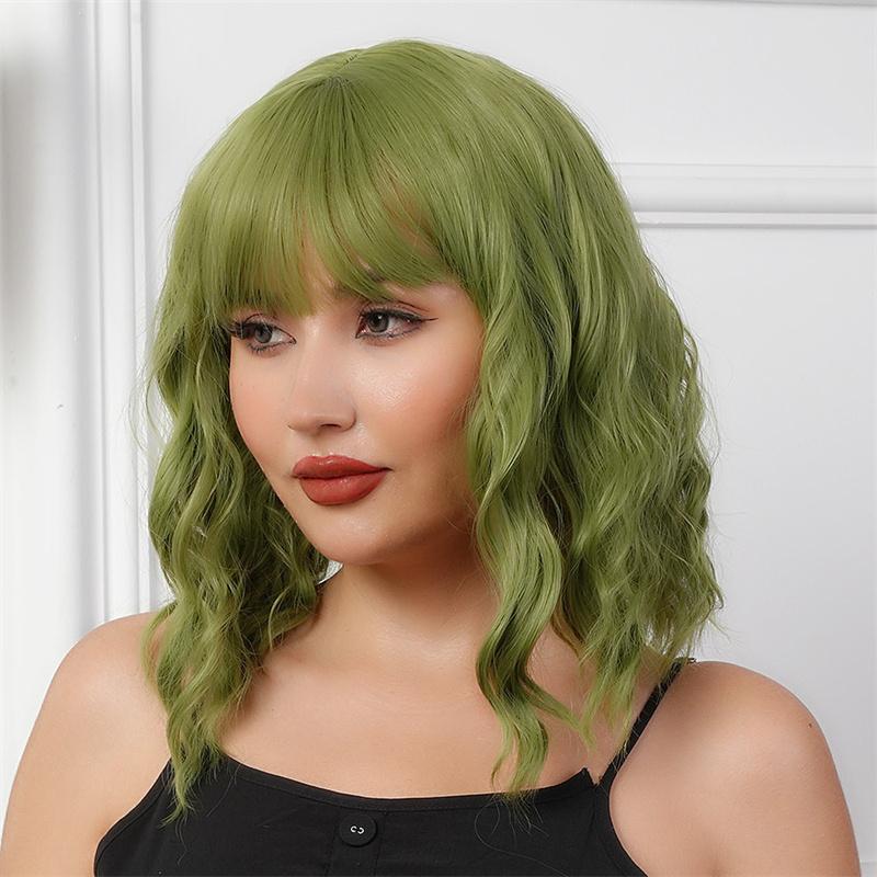 Premium Synthetic Wigs Women Long Green Wavy Wig with Bangs Medium Length Curly Wigs Drag Queen Hairstyle Wig Cosplay Costume