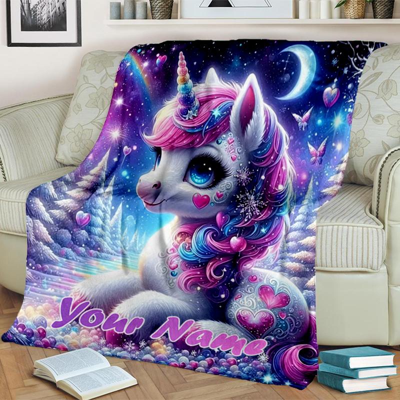 1PC Custom Name Magical Unicorn Fantasy flannel blanket versatile, all-season throw suitable for the living room, bedroom, camping, travel, and gift