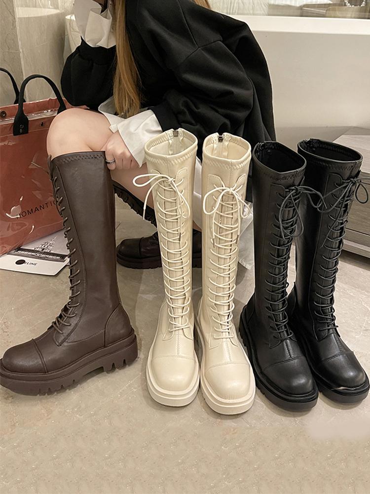 Platform women's shoes but knee boots Skinny boots Lace-up knight boots Autumn and winter white small long boots Women's tall boots