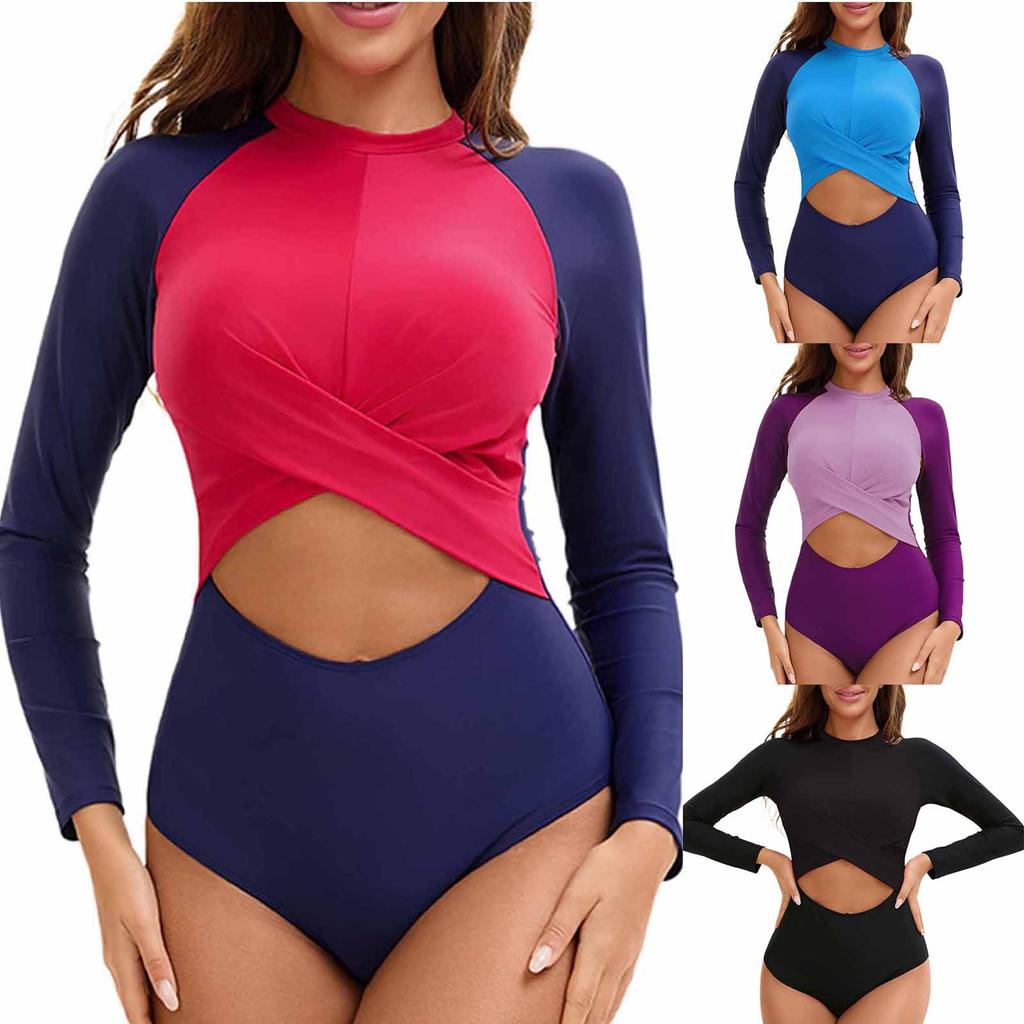 Women's Conservative Long-Sleeve One-Piece Swimsuit, Multi-Color Sun Surf Swimwear, Tight-Fit Design