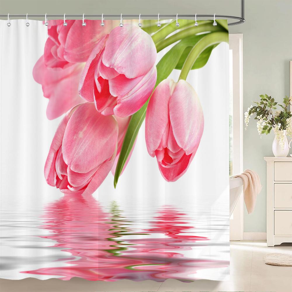 3d Tulip Fresh Flowers Shower Curtains Bathroom Waterproof Floral Bath Curtain Polyester Cloth With Hooks Decorative Bath Screen