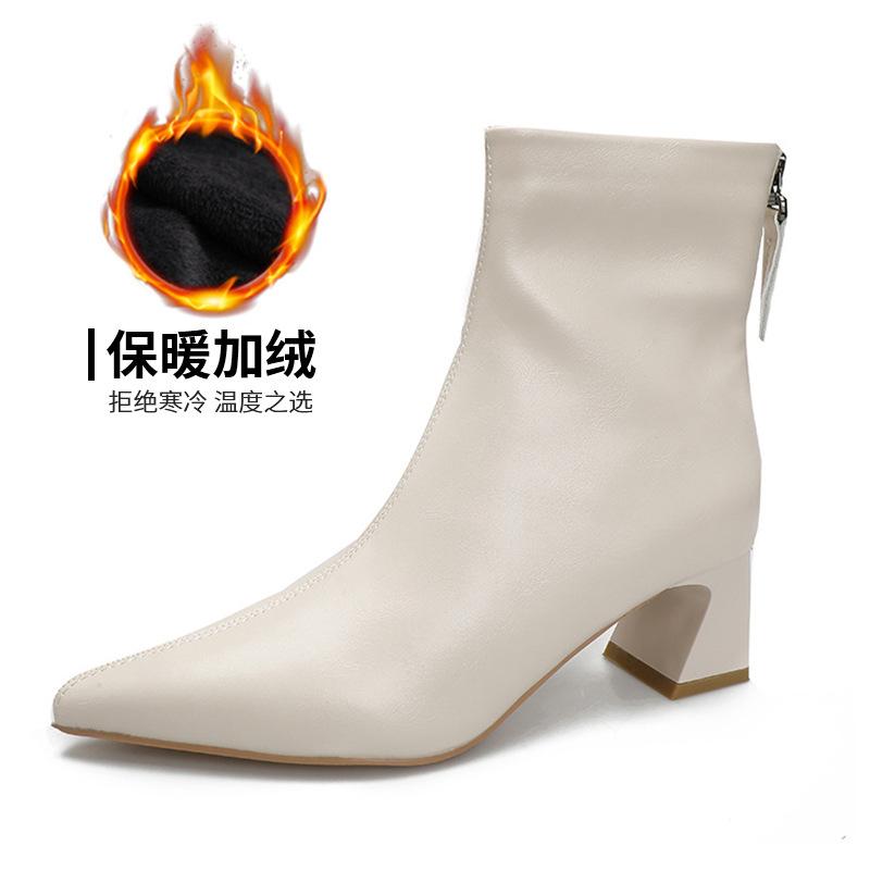 2024 podzimní a zimní nové korejské špičaté kotníkové boty dámské korejského stylu zadní zip silný podpatek boty dětské béžové vysoký podpatek dámské bo