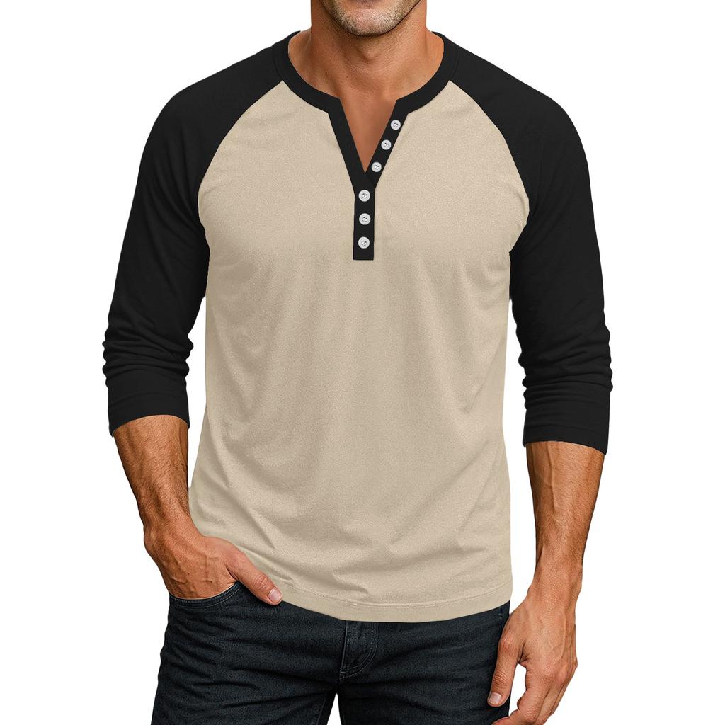 Men's Button-Down Contrast Raglan 3/4 Sleeve Top