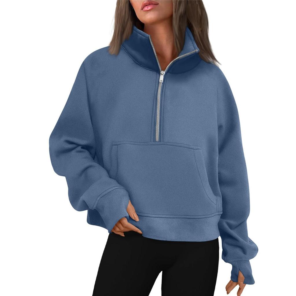 Damen Stehkragen Plus Fleece Einfarbig Langarm Tasche Lockerer Halb-Zip Pullover Hoodie Top
