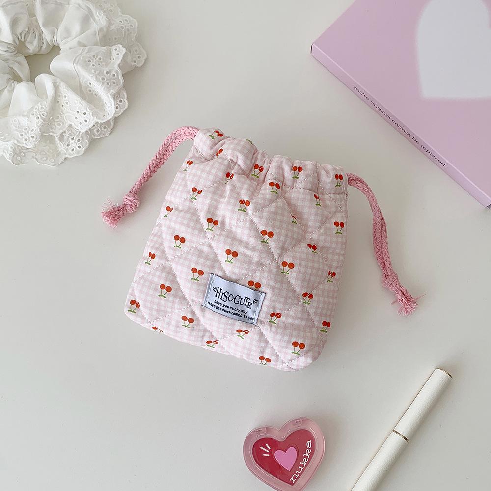 Korean Style Cherry Drawstring Pouch - Cute Bedroom Storage & Mini Travel Bag