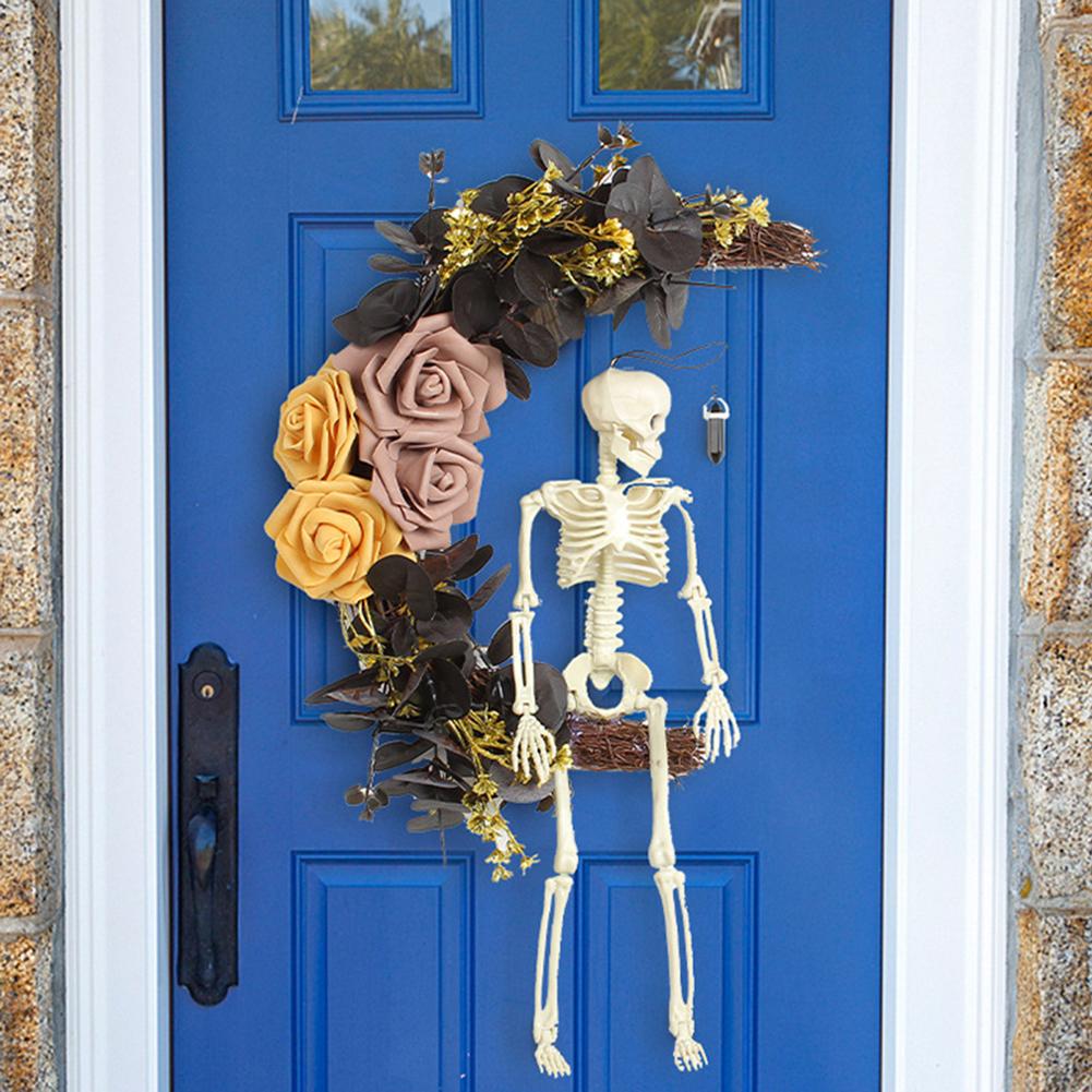 Halloween Wreath with Skull Black Roses Rose Grapevine Garland Handmade Artificial Moon Cat Garland Goth Roses Black Cat Garland