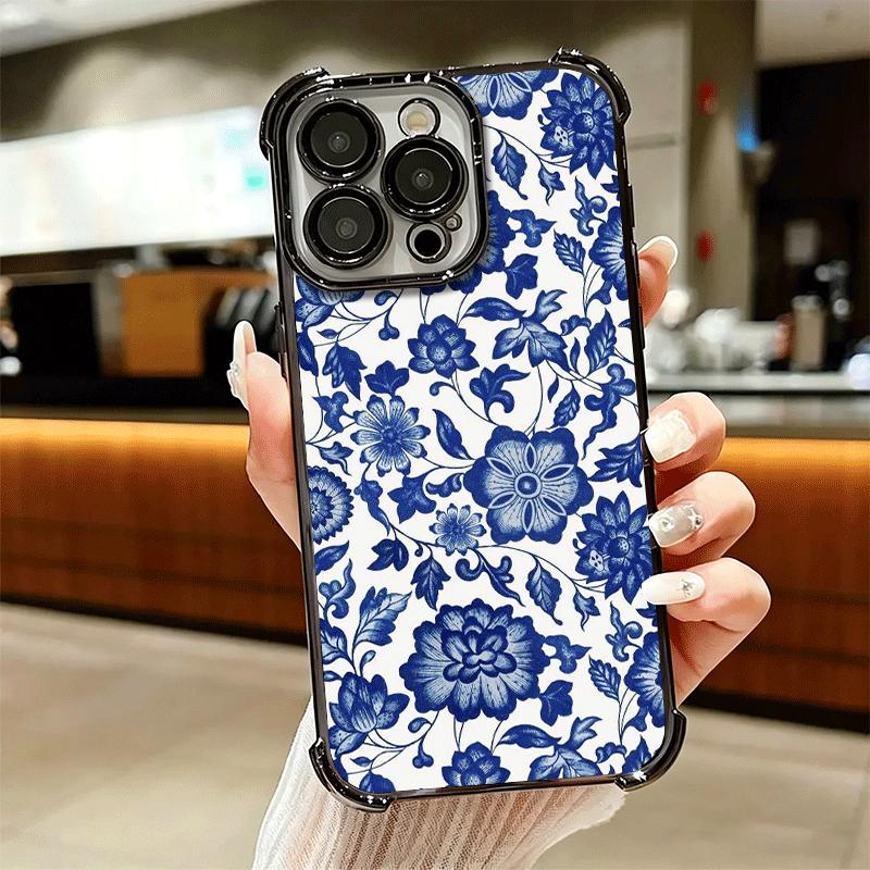 Blue And White Porcelain Pattern Plating Phone Case For Iphone 16 17 Pro Max Air 16E 14 15 Plus 12 13 Mini Anti-Fall Airabag Cov