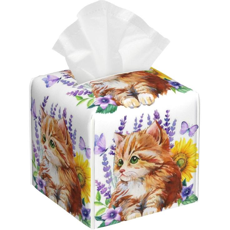 Black Cats Tissue Box Cover Square,Leather Tissue Holder with Bottom Belt,Waterproof Leather Facial Paper Organizer Tissue Box Cover for Home Office