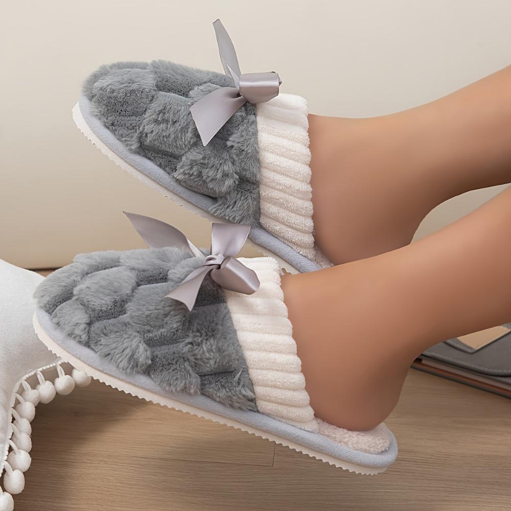 Monochrome Home Warm Slippers, Soft Bottom Fluffy Flat Bow Decorative Shoes, Winter Plush Comfortable Non-slip Shoes