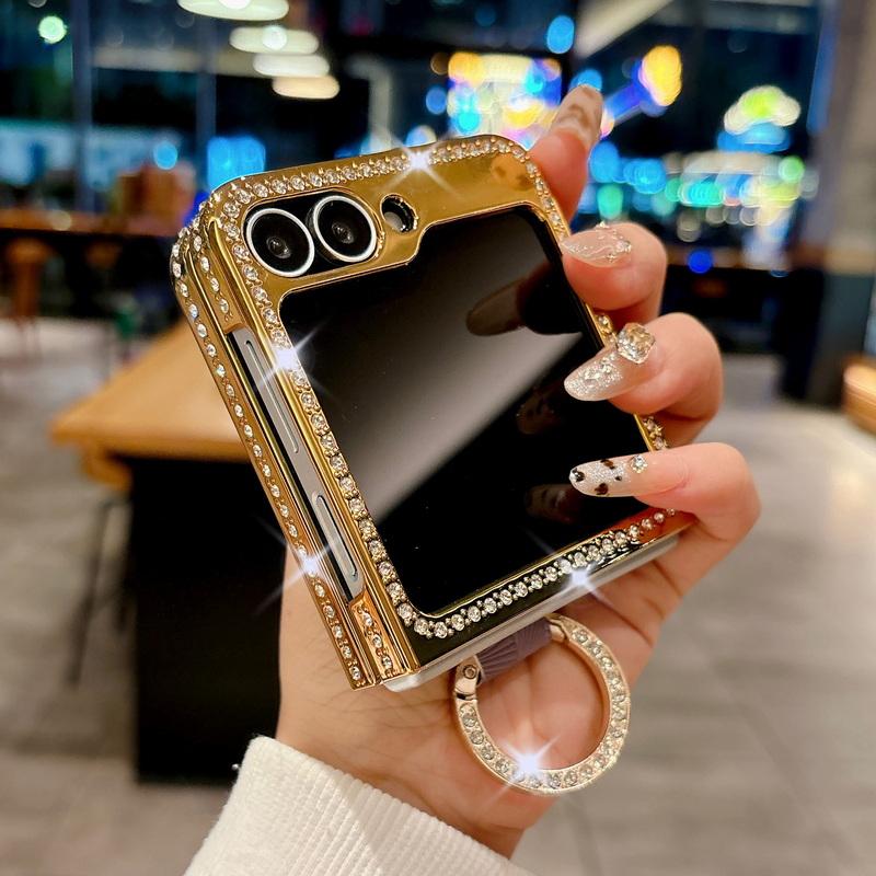 Luksuriøst ensfarget lær galvanisert 2 stk telefondeksel til Samsung Galaxy Z Flip6 Flip5 Flip4 Flip3 Diamantramme Støtsikker Metallring Sammenleggbart deksel