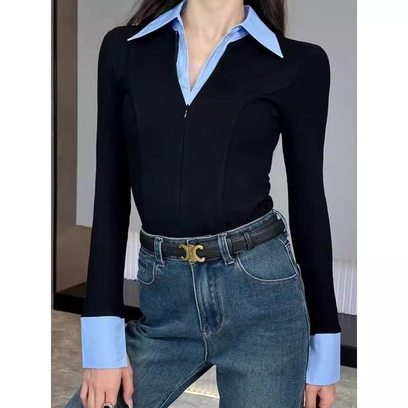 

Plus size Elegant Polo Collar Slim fit Fake Two Pieces Patchwork Women Early Spring New High Sense Long sleeve Fashion Inner wear Top Black M [Suggested 40.00 kg-50.00 kg]]