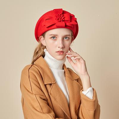 Hat Ladies Autumn And Winter Wool Beret European And American Temperament Flower Stewardess Hat Dome Fashion Versatile Top Hat