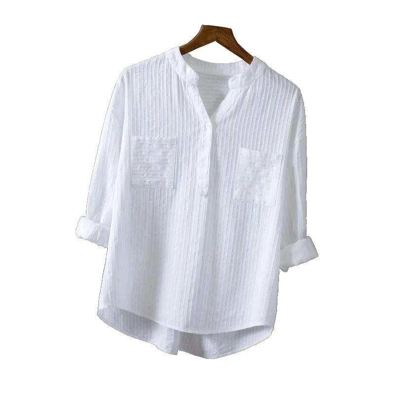 Cotton White Shirt Women's Tops Mujer Office Long Sleeve Korean Loose Casual Vertical V-neck Shirts Blusas De Mujer