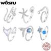 WOSTU 925 Sterling Silver Starfish Sea Turtle Octopus Opening Rings Women Cute Ocean Animal Stackable Statement Rings Party Gift