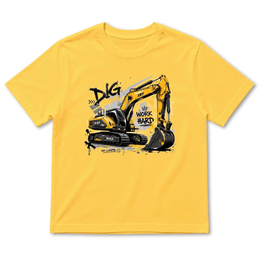 Summer Boys' Cartoon Excavator Cotton T-Shirt, Short Sleeve, Breathable Casual Layer