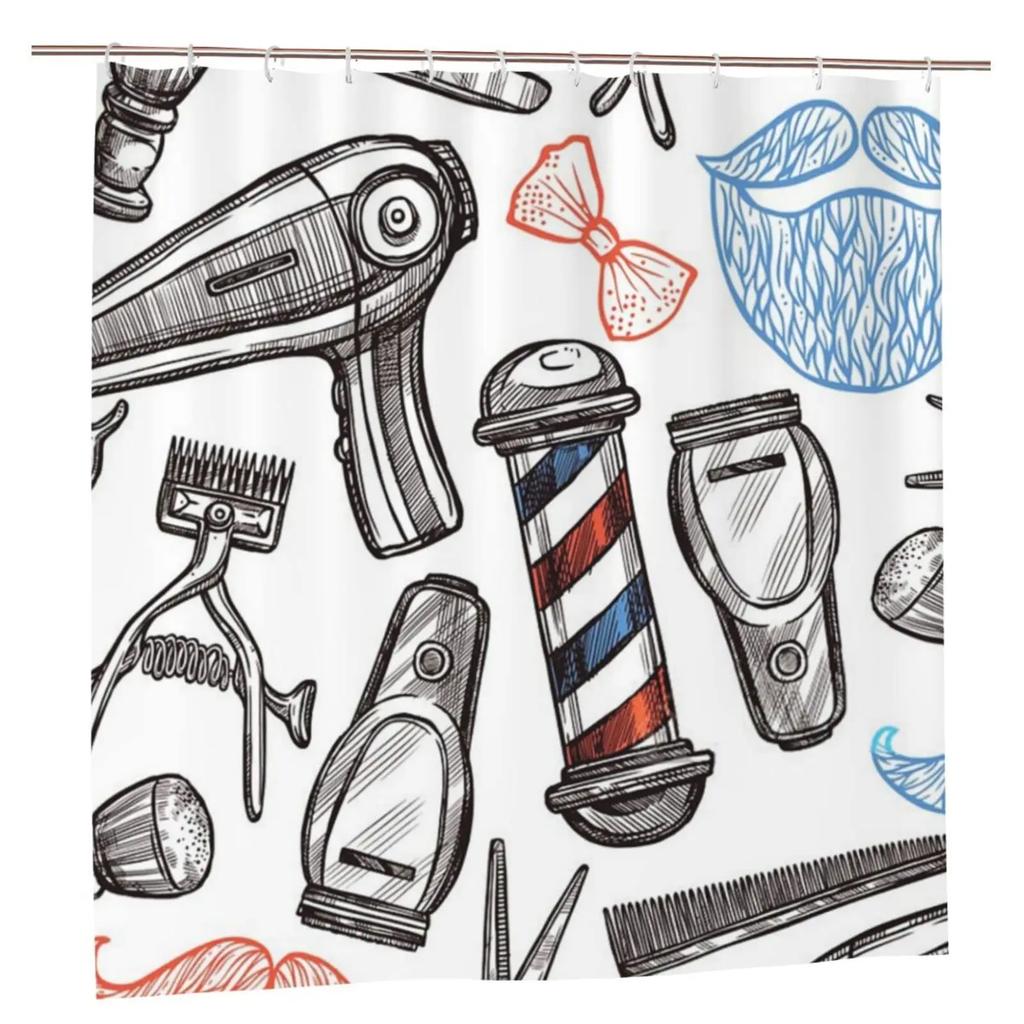 Barbershop Fabric Shower Curtain Set Barber With Tartan Vintage Badge Beard Cut Gentleman Graphic Grooming Screen Bathroom Decor