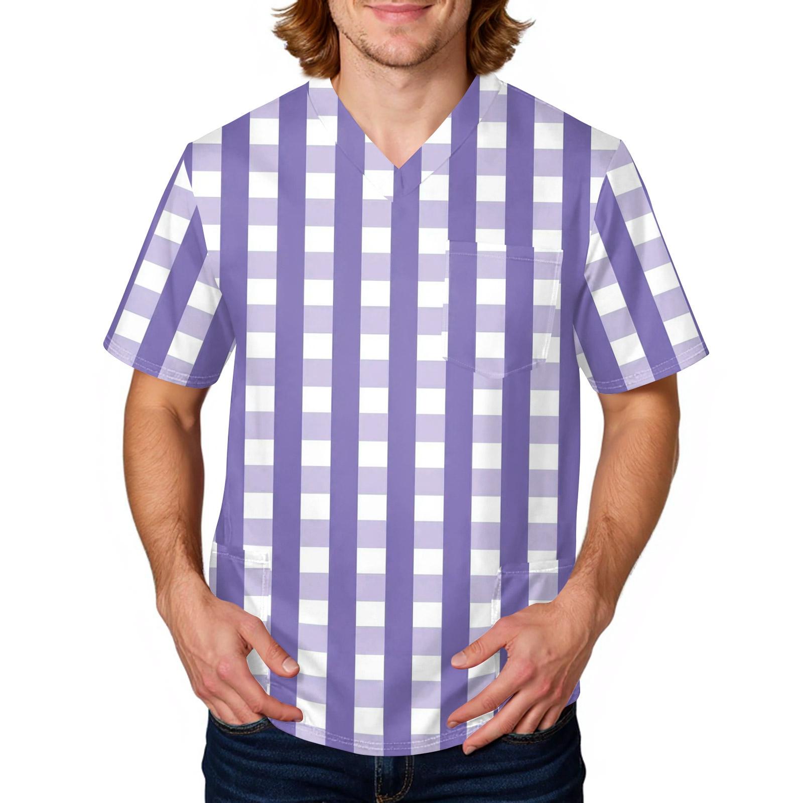 Мужская полосатая клетчатая футболка | V-образный вырез с карманами, свободный крой для, ухода и повседневной работы XXXXL фиолетовый