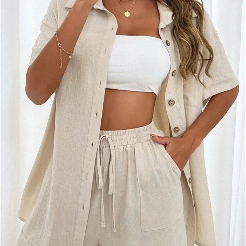 Short Sleeved Shorts Two Piece Shirt Set for Women