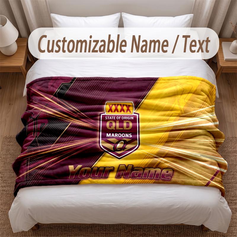 Queensland Maroons Printed Flannel Blanket Custom Name Text Soft Warm Throw For Bedroom Holiday Gift