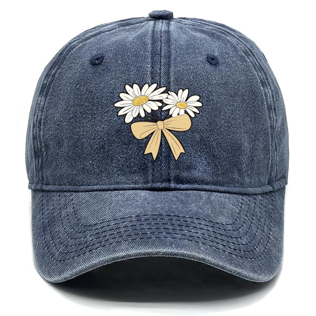 Daisy Bowknot Print Snapback Baseball Hat, Flower Trucker Hat Sun Protective Solid Vintage Casual Adjustable Baseball Cap