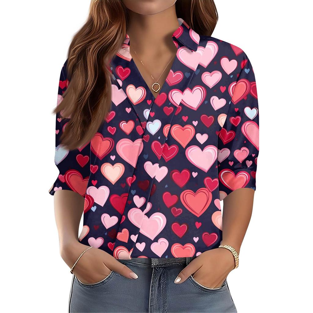 Women's 3/4-Sleeve V-Neck Shirt Printed Workwear Casual Regular Shirt Collar Top